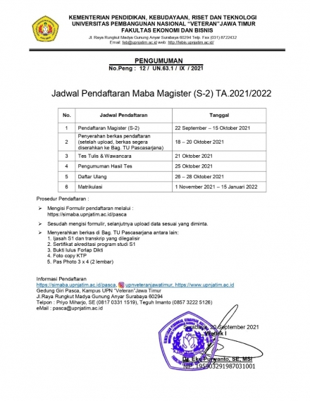 PENERIMAAN MAHASISWA BARU PROGRAM MAGISTER MANAJEMEN DAN MAGISTER AKUNTANSI SEMESTER GENAP TA. 2021/2022